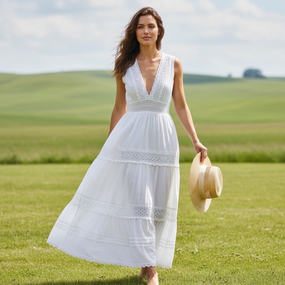 Cotton Natural Peruvian Sleeveless Tiered Maxi Dress Sz L Boho V-Neck Coastal